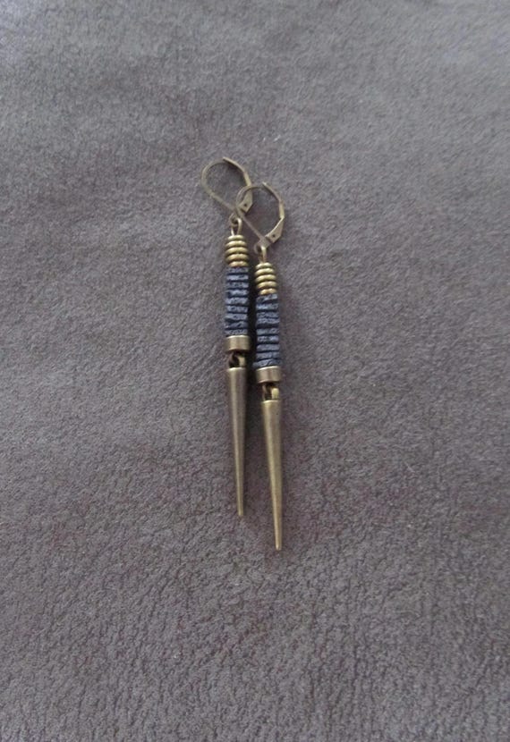 Gray lava rock and bronze spike earrings