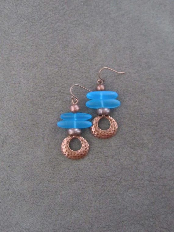 Blue frosted glass and antique copper earrings