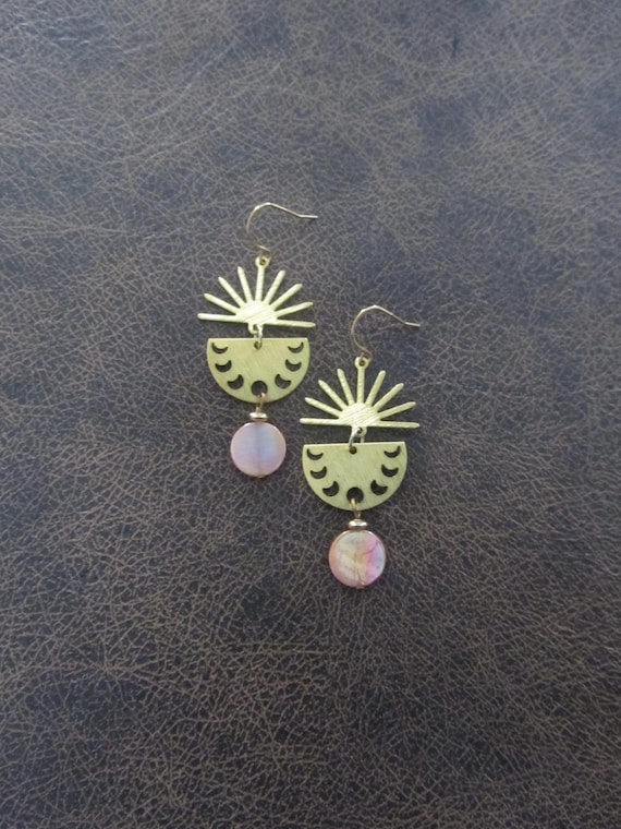 Brass and peach mother of pearl shell bohemian earrings