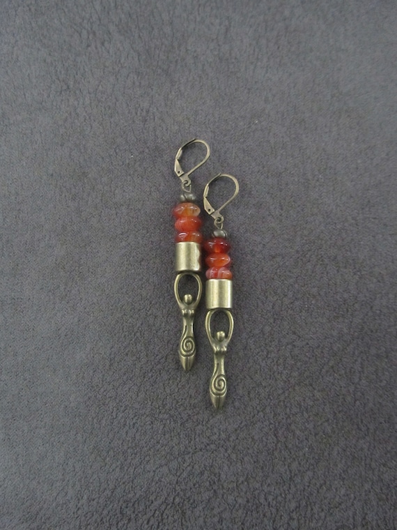 Orange agate and bronze goddess earrings