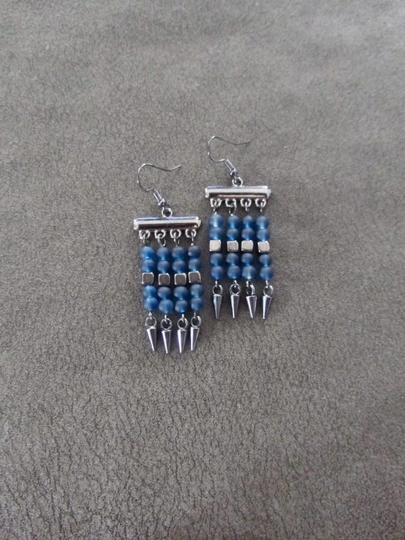 Blue frosted glass and gunmetal chandelier earrings