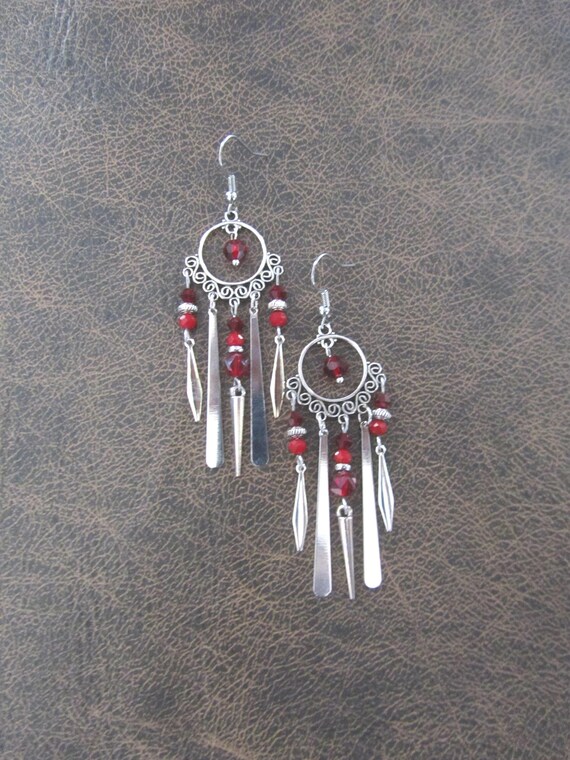 Red and silver chandelier earrings, gypsy crystal dangle earrings