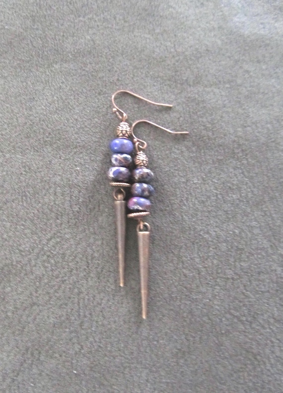 Unique spike and purple stone earrings copper