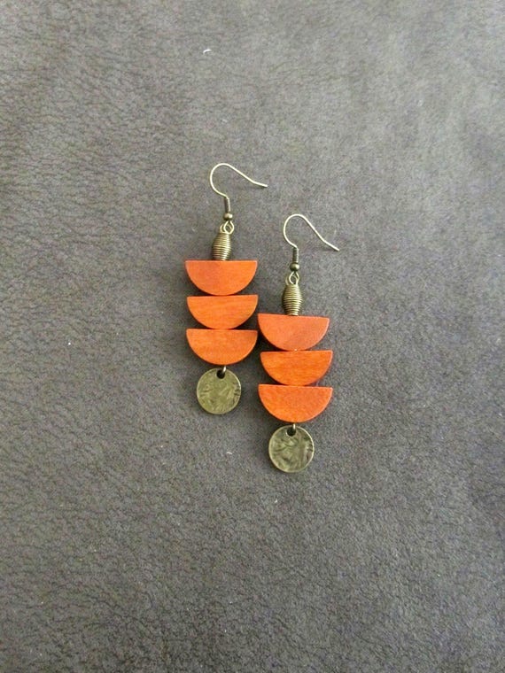 Long Orange Wood Earrings: Brass Afrocentric Pagoda Statement