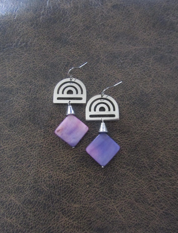Mid century modern purple mother of pearl and silver earrings 2