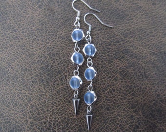 Long periwinkle frosted glass and silver hexagon earrings