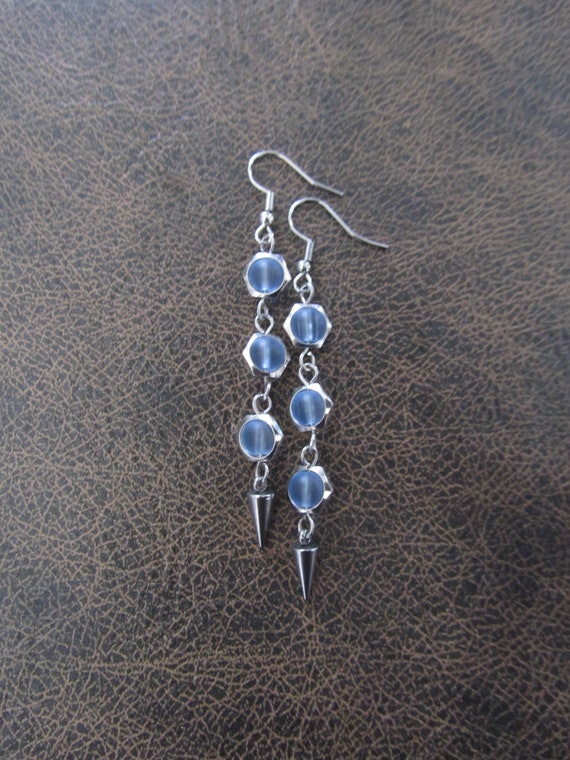 Long periwinkle frosted glass and silver hexagon earrings