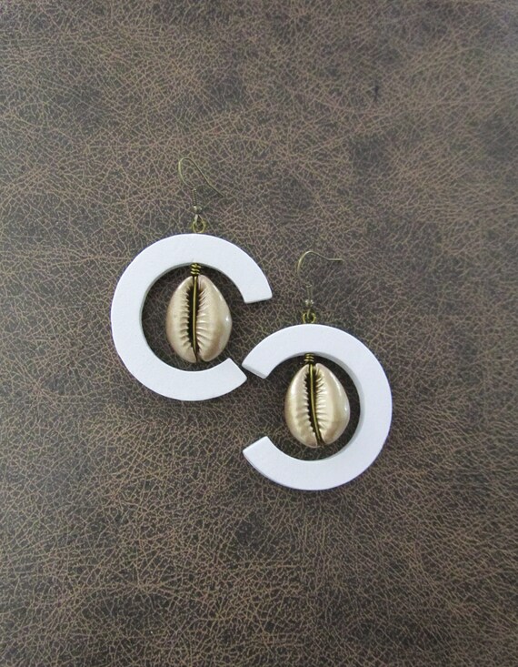 Cowrie shell earrings, bronze and white earrings, bold statement earrings