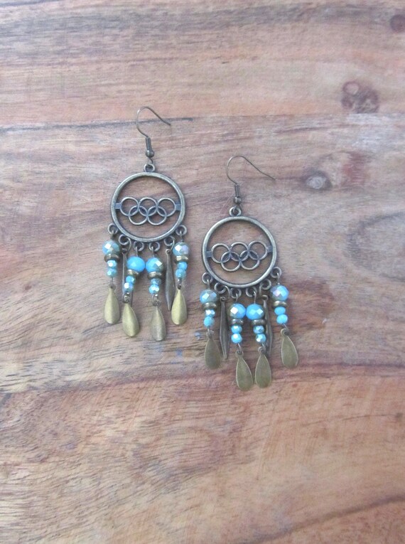 Chandelier earrings, sea green crystal and bronze gypsy earrings, boho bohemian unique princess