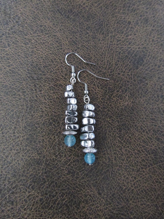 Blue agate and nugget industrial earrings
