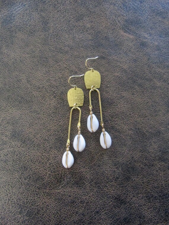 Brass modern cowrie shell earrings