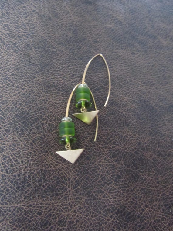 Gold and green frosted glass earrings, bohemian earrings