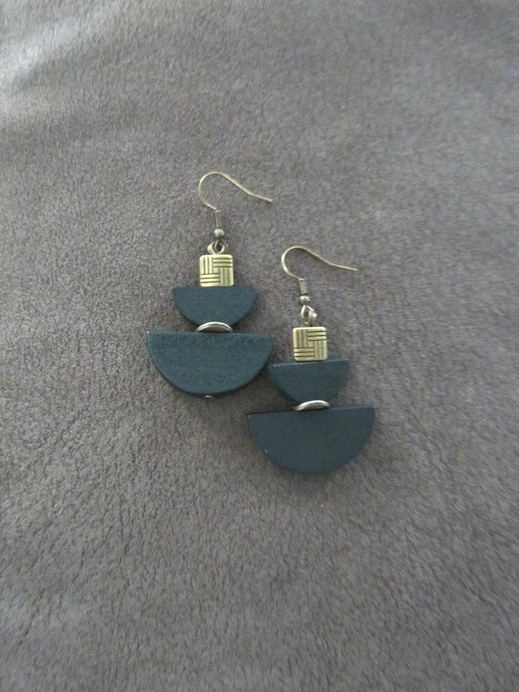 Dark green wooden mid century modern earrings