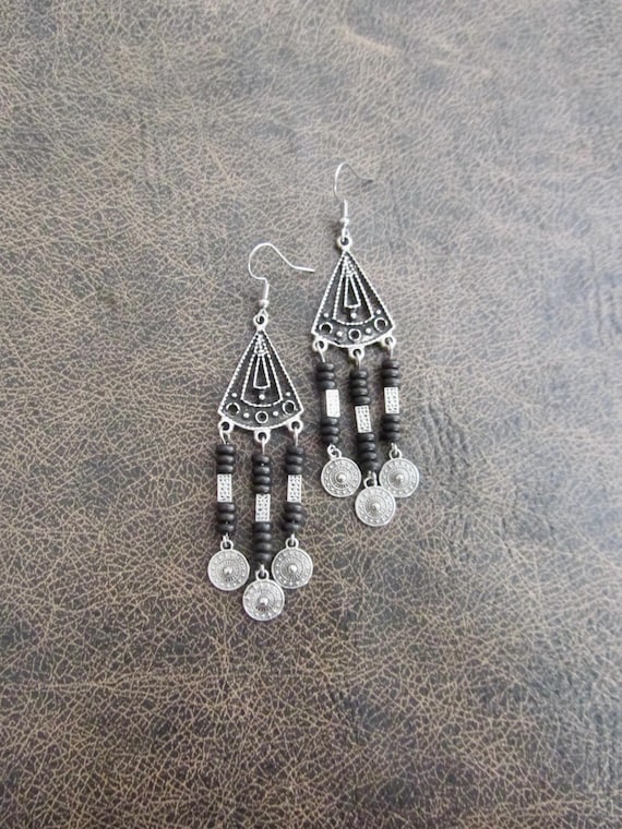 Black and antique silver chandelier earrings