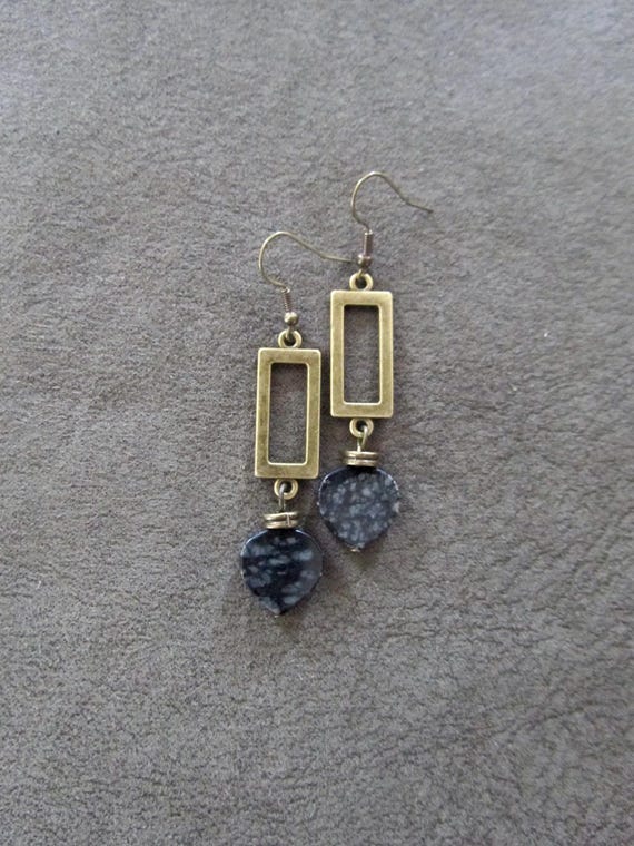 Black serpentine stone and antique bronze earrings