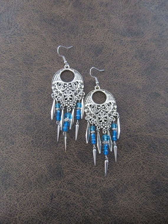 Light blue and silver chandelier earrings, gypsy crystal dangle earrings