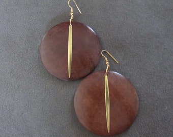 Large wooden and brass earrings