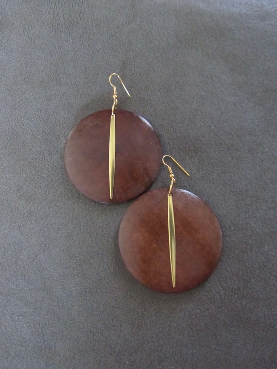 Large wooden and brass earrings
