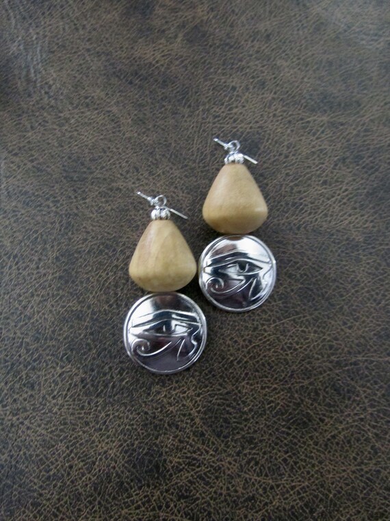 Silver and wooden Egyptian eye of Ra earrings