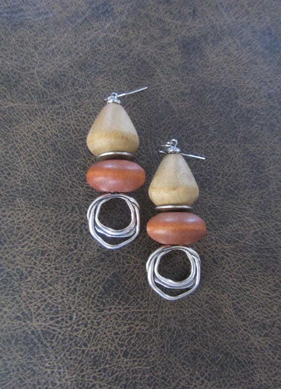 Chunky orange wooden and hammered silver earrings