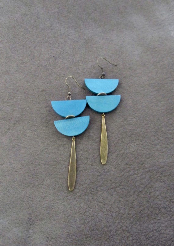 Long Blue Wood Earrings: Bronze Dangle Statement Jewelry