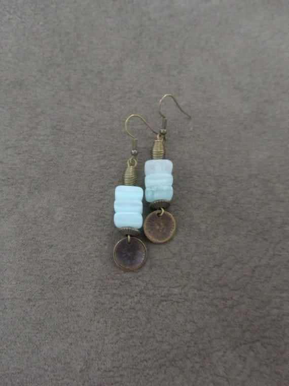 Blue frosted glass and bronze earrings