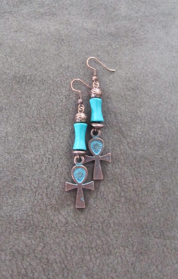Unique copper patina ankh earrings