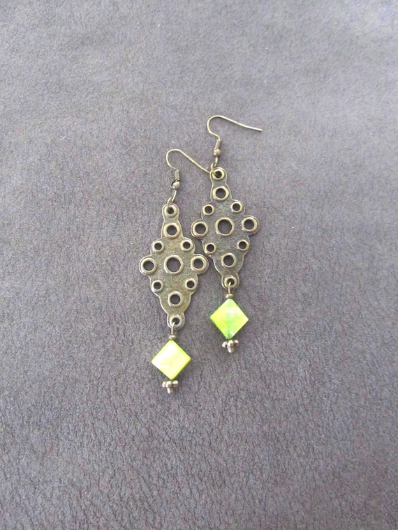 Brutalist bronze and green mother of pearl shell earrings