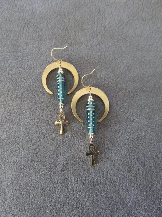 Stainless steel Ankh and teal Czech glass earrings