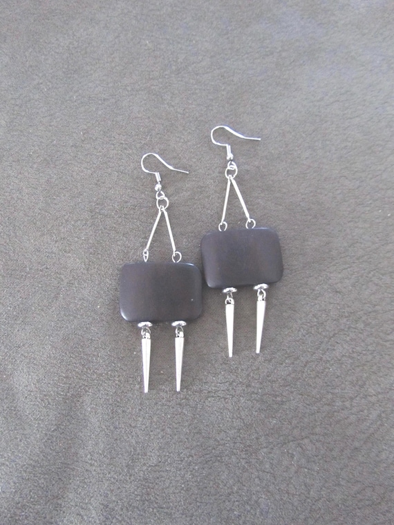 Large geometric mid century wooden earrings, black