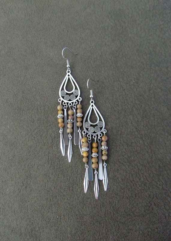 Chandelier earrings, tribal boho chic earrings, ethnic earrings, southwestern earrings, long bohemian earrings tiger jasper