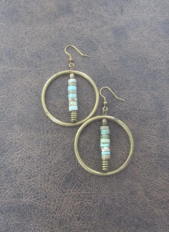Bohemian bronze hoop and turquoise earrings