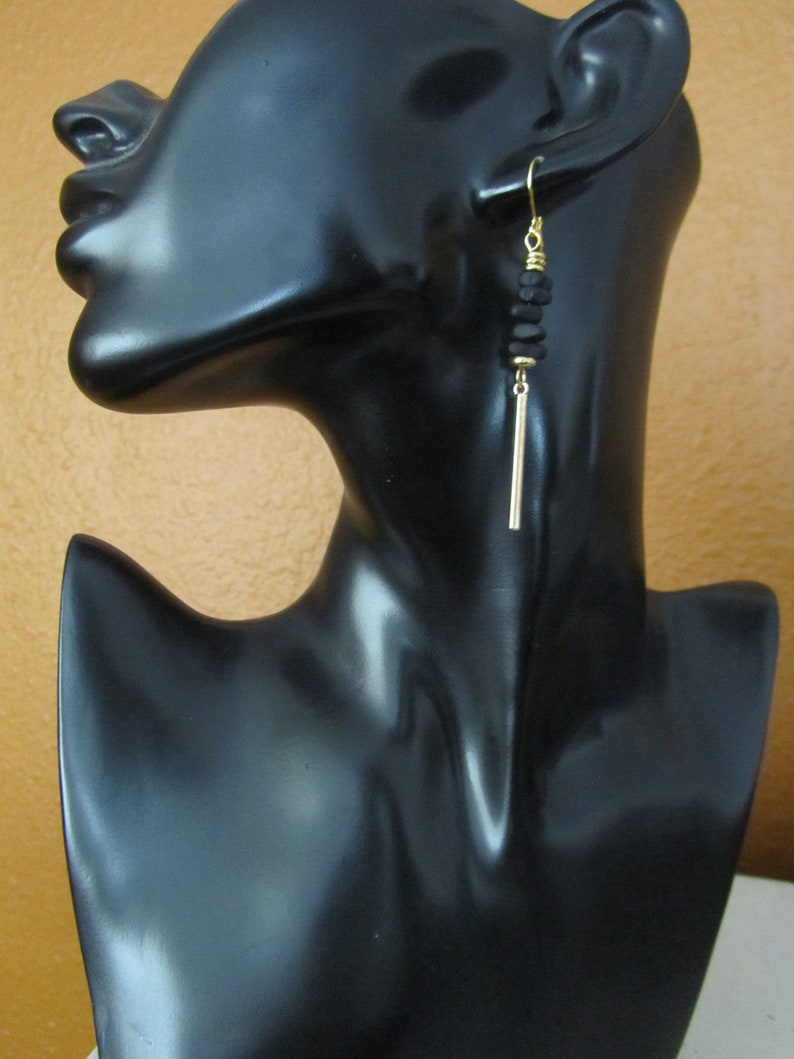 Abstract earrings, black nugget and gold image 3