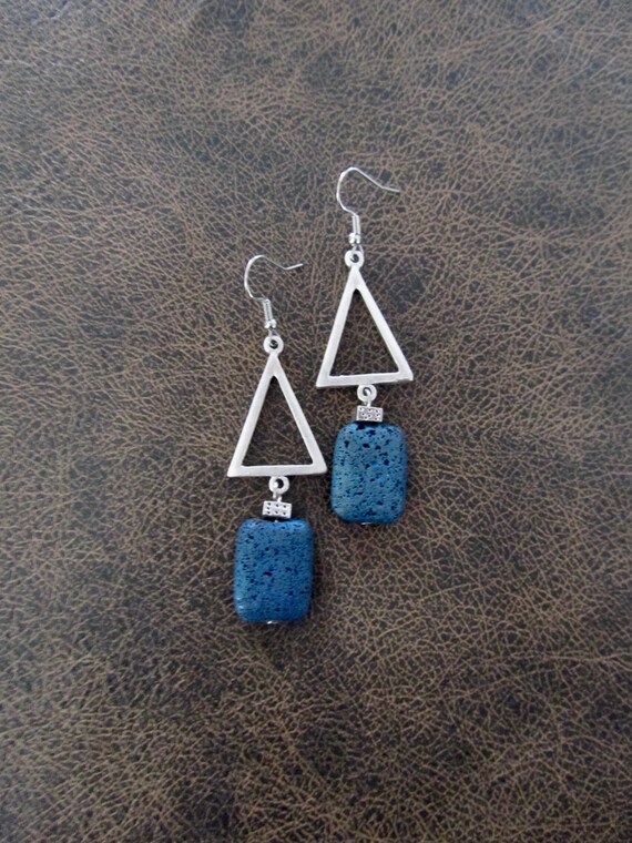 Teal lava rock and silver geometric earrings