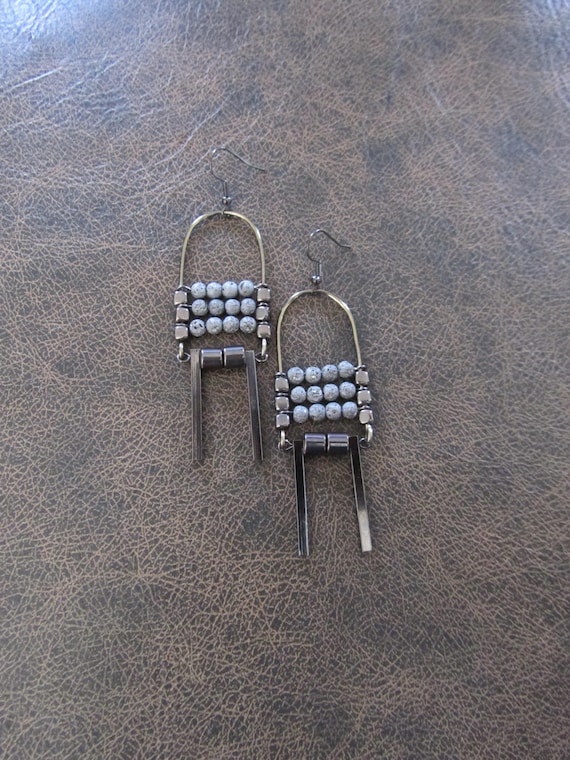 Modern gray hematite and lava rock abstract earrings