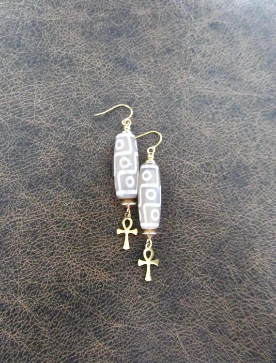 Tibetan agate and Egyptian ankh earrings