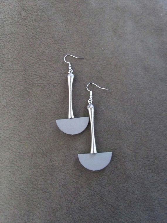 Gray wooden and silver futuristic earrings