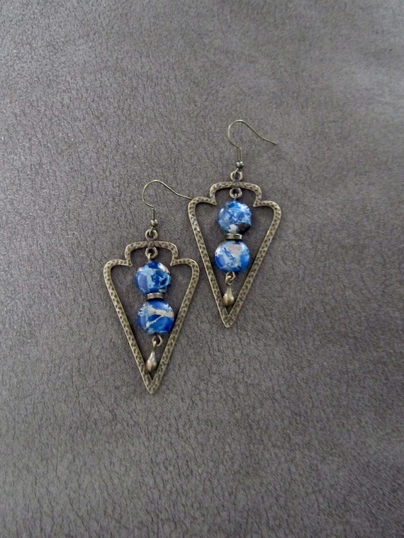Blue imperial jasper and bronze bohemian earrings
