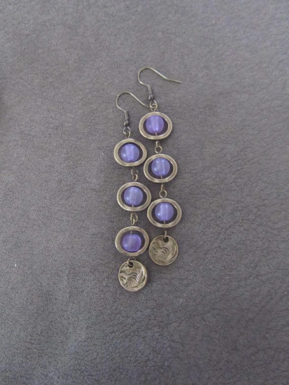 Long bohemian purple frosted glass and bronze earrings