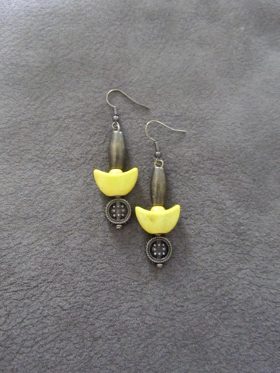 Unique yellow howlite and bronze earrings