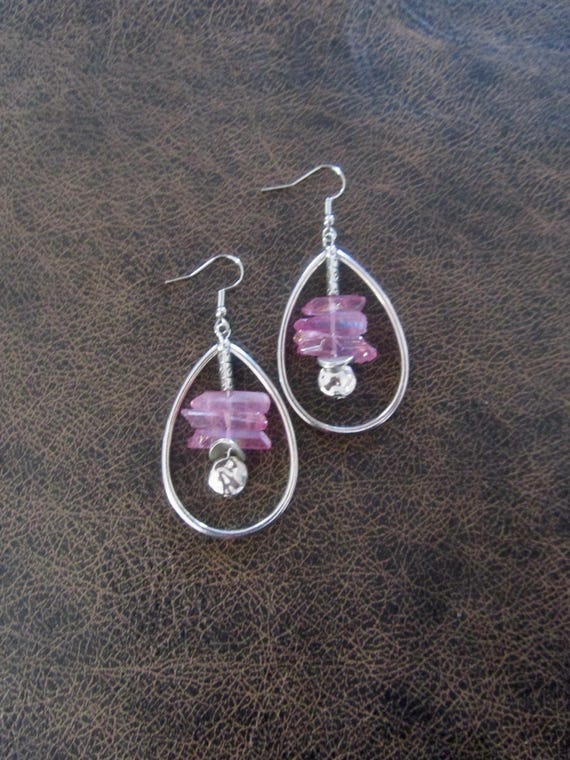 Raw quartz pink crystal earrings, rustic boho silver unique earrings, geode natural bohemian hoop