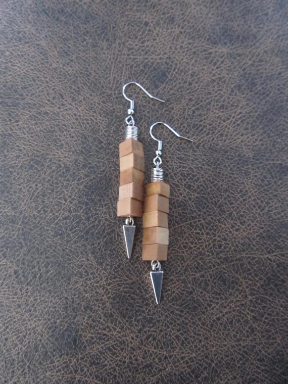 Wooden mid century modern geometric earrings, silver