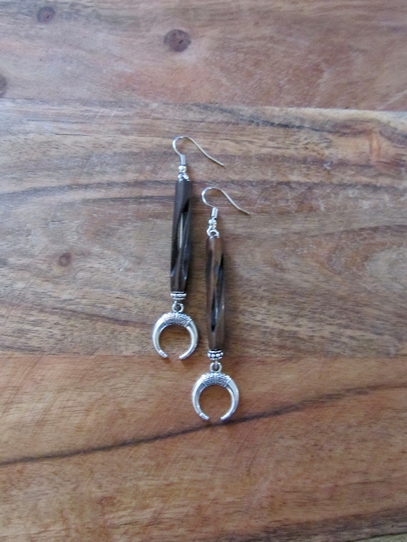 Ethnic tribal carved bone dangle earrings, silver