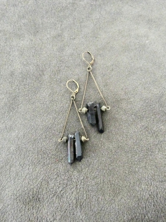 Raw quartz geode black crystal and bronze earrings