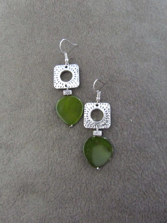 Mid century modern green mother of pearl and silver earrings