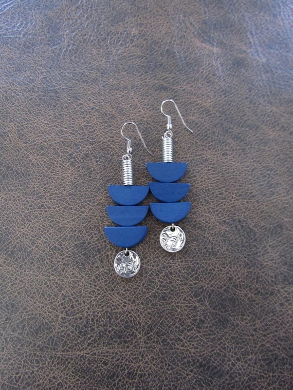 Blue wooden earrings, Afrocentric earrings, mid century modern earrings, African earrings, bold statement, unique pagoda earrings