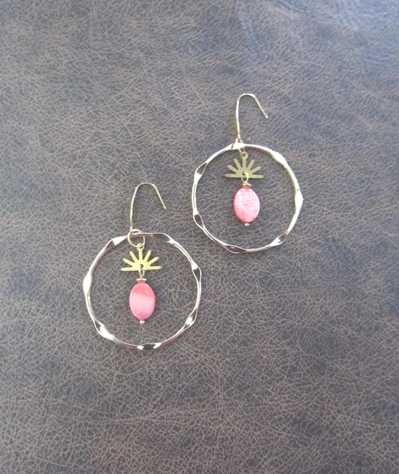 Simple gold and mother of pearl shell hoop earrings