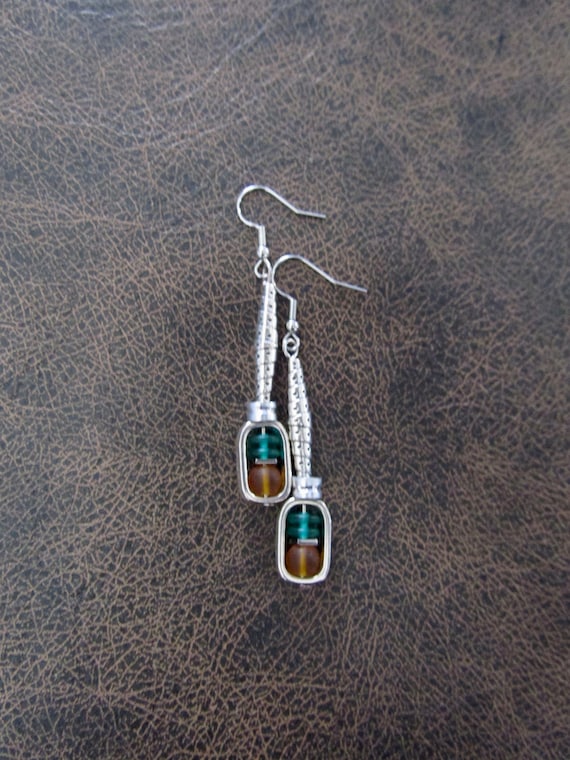 Silver and glass dangle earrings, artisan ethnic earrings, simple chic