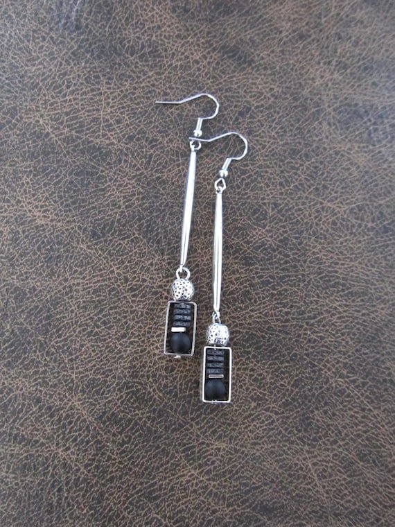 Black and silver minimalist earrings, simple mid century modern earrings