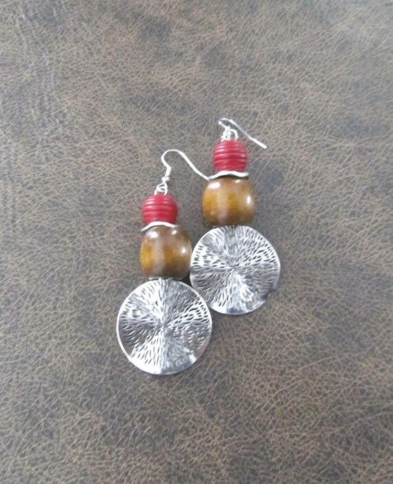 Large hammered silver and wooden earrings, red